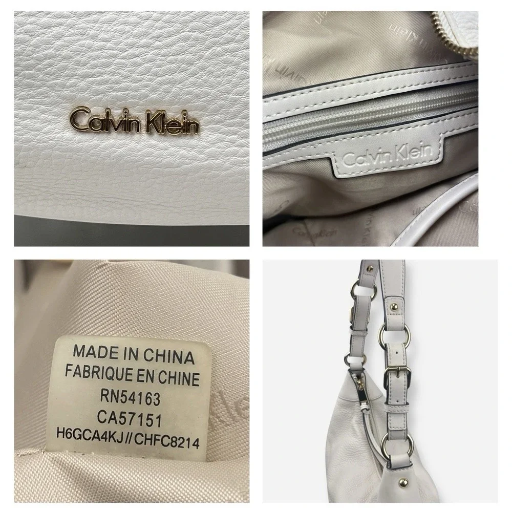 Calvin Klein Ivory Bone White‎ Hobo Pebbled Leather Adj Strap Shoulder Bag Purse